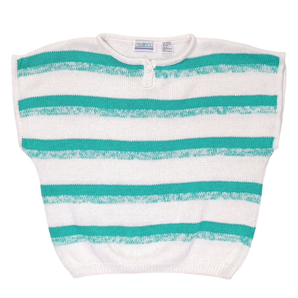 Vintage Favorites Teal White Striped Ramie‎ Cotton Knit Henley Sweater Large